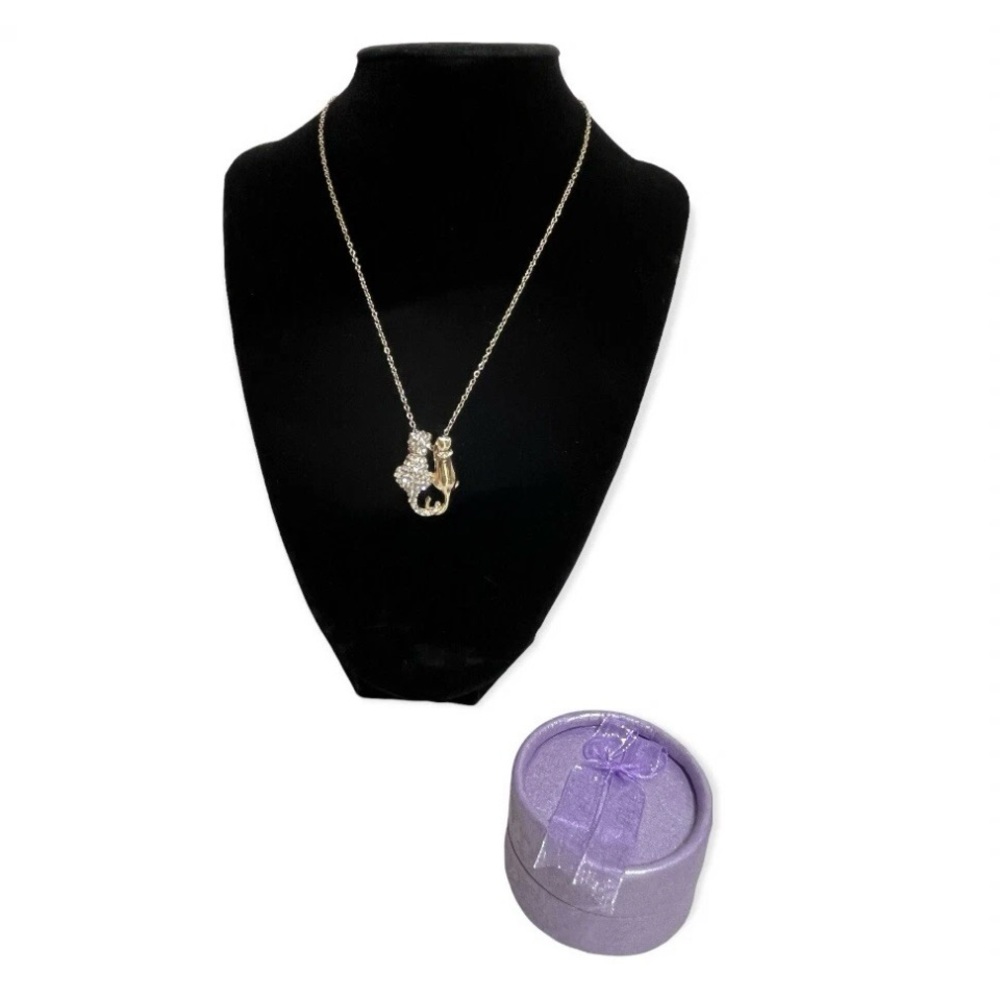 Cat Duo Rhinestone and 18 kt Gold Plated Link‎ Necklace With Gift Box